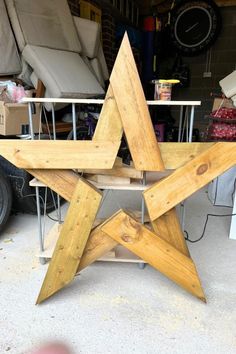 a wooden structure sitting in the middle of a garage