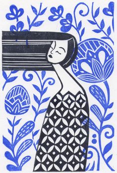 a blue and white drawing of a woman holding a piece of wood in her hand