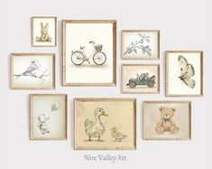 a bunch of framed pictures with animals and birds on them