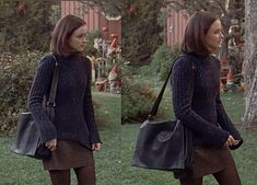 two pictures of a woman carrying a black handbag in the grass with trees and bushes behind her