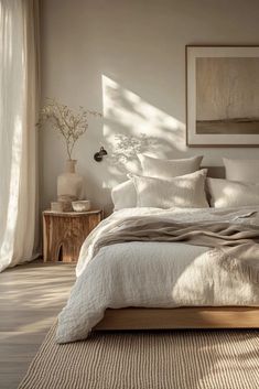 a bed with white linens and pillows in a bedroom next to a painting on the wall