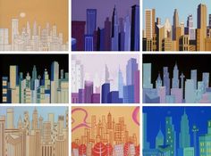 four different cityscapes with buildings and trees in them