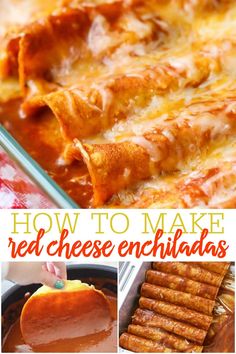 how to make red cheese enchiladas in a casserole dish with text overlay