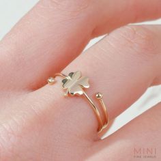 Flower Ring Jewelry, Four Leaf Clover Ring, Delicate 14k Gold Stackable Flower Ring, 14k Gold Flower Shaped Minimalist Rings, Minimalist 14k Gold Open Flower Ring, Minimalist 14k Gold Flower Ring, Minimalist Sterling Silver Flower Ring In Yellow Gold, Minimalist Yellow Gold Flower Ring In Sterling Silver, Pure Gold Rings For Women