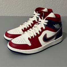 Available In Women’s Sizing, The Jordan 1 Mid Usa 2022 (W) Is A Mid-Cut Version Of The Air Jordan 1 Released To Celebrate 2022 American Independence Day. Air Jordan Magenta, Nike Jordan 1 Mid Red, Jordan 1 Mid Jeans, Luxury University Red High-top Jordan Shoes, Air Jordan 1 Womens Shoes, Nike Jordan Air 1 Woman, Air Jordan 1 All Colors, Nike Jordans Women High, Jordan1 Shoes For Women