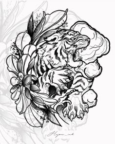 a black and white drawing of a tiger surrounded by flowers