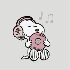 a cartoon character holding a pink object with musical notes on it's ear and nose