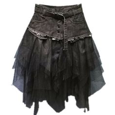 Women Denim Mesh Splice Skirt High Waist Asymmetric Frill Tulle Gothic skirt - Tania's Online Closet Stile Punk Rock, Underground Style, Ropa Upcycling, Gothic Skirt, Gothic Chic, Gothic Skirts, Chic Skirts, Skirt High Waist, Patchwork Skirt