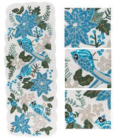 two pictures of blue birds and flowers on white fabric