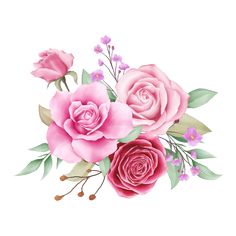 three pink roses with green leaves and purple flowers