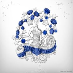 Zodiac Set Virgo clip, Palais de la chance collection, Van Cleef & Arpels: white gold, diamonds, sapphires, red gold, Mystery Set™ sapphires and rose-cut diamond face. Van, Van Cleef Arpels, Van Cleef, Zodiac Signs, Signs, Silver, Gold, White