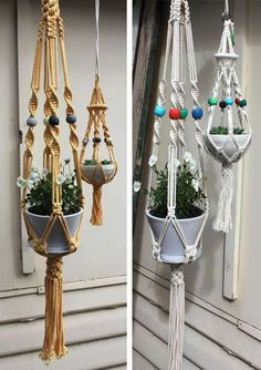 two pictures side by side one has a potted plant and the other has macrament hanging from it