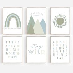 four wall art prints with mountains, clouds and rainbows in different colors on them