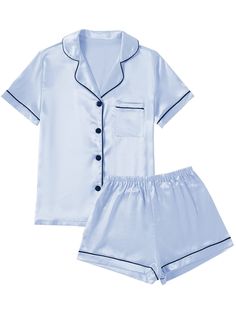 PRICES MAY VARY. Material: Pajama set is made of Premium 95%Polyester+5%Spandex satin fabric.Ultra soft silk pajamas for women, lightweight and Skin-friendly. Features: 2 Piece Pajama Set featuring classic sleepwear style.Short sleeve sleepwear with notch collar,button front pajamas shirt and one chest pocket design. Pajama shorts for women with soft elastic waist that fits for any body size and makes relaxing as comfort as possible. Match: Casual nightwear but in fashion way! You really need pa Satin Pajamas Set, Bride Pajama, Pijamas Women, Shorts Pajamas, Silk Pajamas Women, Cute Pjs, Classic Pajamas, Cute Pajama Sets, Silk Pajama Set