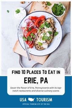 a plate of food with the words find 10 places to eat in erie, pa