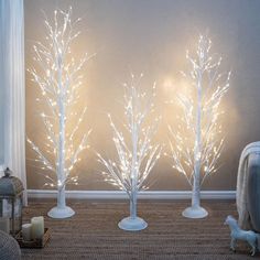 three white lighted trees in the middle of a living room with a dog on the floor