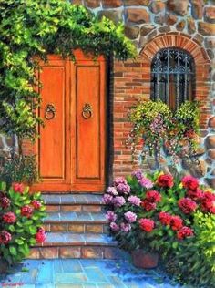 a painting of a door surrounded by flowers