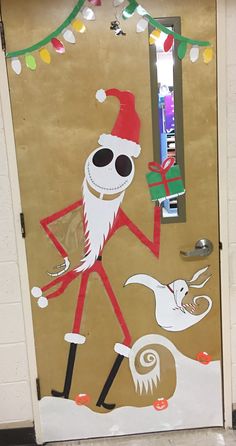 a door decorated with an image of santa claus and his reindeer friend, the ghost