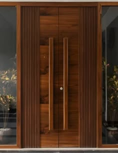 a modern wooden door with glass panels