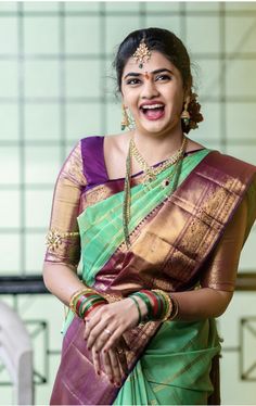 Bridal Sarees Color Combinations, Green And Violet Pattu Saree, Gadwal Pattu Saree Blouse Designs, Trending Silk Saree Colors, Pattu Sarees For Engagement, Silk Sarees Colour Combinations, Sarees Pattu Weddings, Pattu Saree Combinations Color Combos, Mangalgiri Saree Blouse Designs