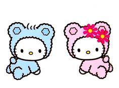 two hello kitty stuffed animals with flowers in their hair, one is pink and the other is blue