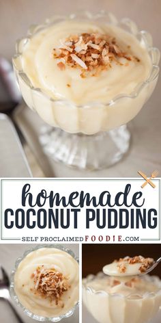 homemade coconut pudding recipe in a glass bowl with spoons on the side and text overlay