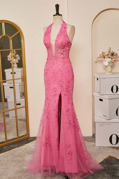 Vestido de graduación de Halter de halter hundido con hendidura con hendidura Lavender Prom Dress Long, Hot Pink Prom Dress, Lavender Prom Dresses, Train Dresses, Halter Evening Dress, Prom Dresses Long Pink, Vestidos Color Rosa, Prom Dresses Long Lace, Pink Formal Dresses