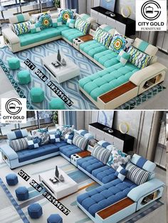 two pictures of a living room with blue couches and white tables in the middle