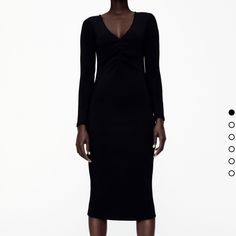 New With Tag Black Ruched Bodycon Dress For Work, Black Ruched Midi Dress For Work, Black Ruched Dress For Work, Black Ruched Long Sleeve Midi Dress, Black Long Sleeve Ruched Midi Dress, Zara Black Long Sleeve Bodycon Dress, Elegant Zara Bodycon Dress For Fall, Black Long Sleeve Bodycon Dress By Zara, Black Ruched V-neck Midi Dress