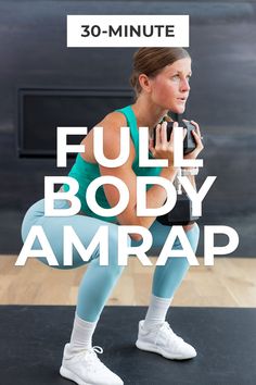 a woman squatting on a mat with the words full body amrap in front of her