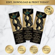 three black and gold birthday party cards with peacock feathers on the front, two are printed out