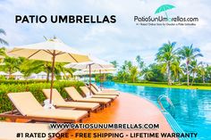 an advertisement for patio umbrellas near a swimming pool with lounge chairs and palm trees