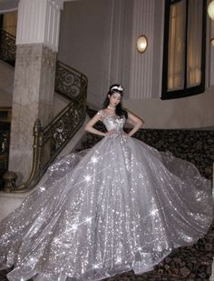 Cute Dresses Sparkly, Princess Dress For Prom, Silver Ball Gown Dress, Glittery White Quince Dress, Queen Dresses Aesthetic, Pretty Ballroom Dresses, Sparkly Sweet 16 Dresses, Ball Gowns Silver, White Wedding Ball Gown