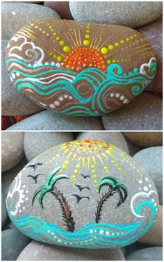 some rocks painted with different colors and designs