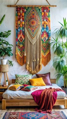 a bed with lots of pillows and blankets on top of it next to potted plants