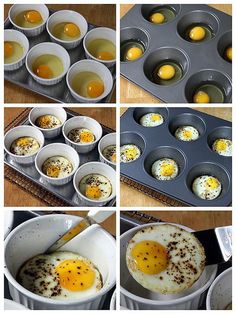 there are several pictures of eggs being cooked in muffin tins