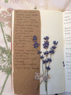 an open book with writing on it and flowers in the pages next to each other