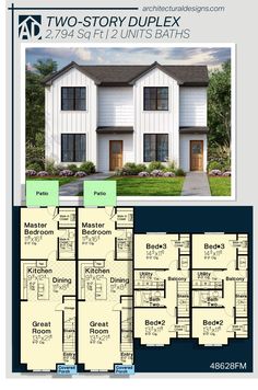 two story duplex house plan with 2 bedroom and 3 bathrooms