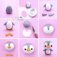 various pictures of penguins made out of clay and paper machs, including one penguin holding a knife