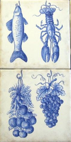 blue and white tiles with fish, lobster, grapes and crab