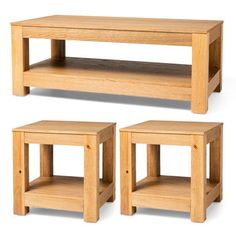 three small wooden tables sitting next to each other