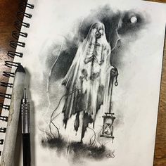 a pencil drawing of a ghost with a lantern in its hand on top of a wooden table