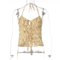 Y2k Floral Crop Tops Summer Front Tie Halter Camisole Women Tshirt Kawaii Korean Fashion Cami Aesthetic Clothes Y2k Spaghetti Strap Tops For Beach, Y2k Spaghetti Strap Tops For The Beach, Y2k Sleeveless Beach Tops, Y2k Camisole Crop Top For Summer, Y2k Cami Crop Top For Summer, Y2k Style Cami Crop Top For Summer, Y2k Tank Top For Spring Vacation, Y2k Camisole Tank Top For Spring, Y2k Style Tank Top For Spring Vacation