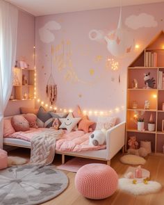 deco chambre fille rose deco murale dorée bibliotheque maison en bois linge de lit rose guirlandes lumineuses Girl’s Room, Kawaii Room, Girl's Room, My Blog, Lily, Bedroom