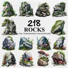 watercolor rocks and plants are shown in this graphic art workbook, with the title'28 rocks png transparent background '