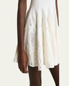 ALAIA knit mini skater dress features floral lace detailing at the skirt     Scoop neckline    Sleeveless    Hem falls above the knee    Aline silhouette     Cotton    Made in Italy Couture, Knitwear Outfit, Skater Mini Dress, White Knit Dress, Sweater Dresses, Mini Skater Dress, Knit Mini Dress, Dress With Lace, Skater Dress