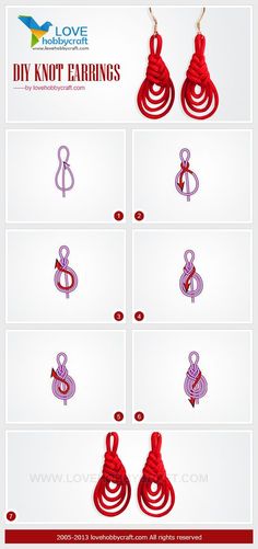 the instructions for how to make knot earrings with red thread and silver hooks on each end