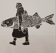 a drawing of a person holding a fish