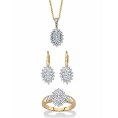 Elegantly styled with a marquise-shaped cluster of pave diamond rounds, this set features classic beauty you can wear with any outfit or special occasion. Buy the necklace and earring set, and get the ring FREE! Sparkling with 1/6 carat T.W. 18" - 20" adjustable pendant necklace. All pieces are lavishly plated in 18k yellow gold. Sizes 6-10. 62855 Size: 7.  Color: White.  Gender: female.  Age Group: adult. Sapphire Heart Necklace, Cluster Earring, Earring And Necklace Set, Paris Jewelry, Square Jewelry, Diamond Cluster Earrings, Ring Earring, Gold Necklace Set, Hoop Earring Sets