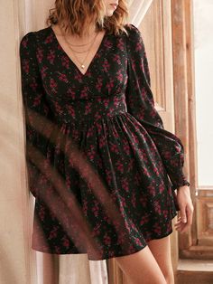 Multicolor Boho  Long Sleeve Polyester Ditsy Floral A Line Embellished Non-Stretch Spring/Fall Women Dresses Floral Long Frocks, Short Frocks, Mini Frock, Floral Dress Outfits, Floral Frocks, Casual Frocks, Simple Frocks, Frock Fashion, Chic Maxi Dresses